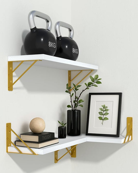 BAYKA Wall Shelves for Bedroom Decor, Floating Wall Shelves for Living Room Kitchen Storage, Wall Mounted Rustic Wood Shelves for Kids Books,Corner Shelves for Bathroom(White and Gold,Set of 3)
