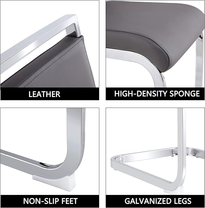 Dining Chairs Set, Kitchen Modern Metal Chairs with Faux Leather Padded Seat High Back and Sturdy Chrome Legs, Chairs for Dining Room (Grey, Set of 2)