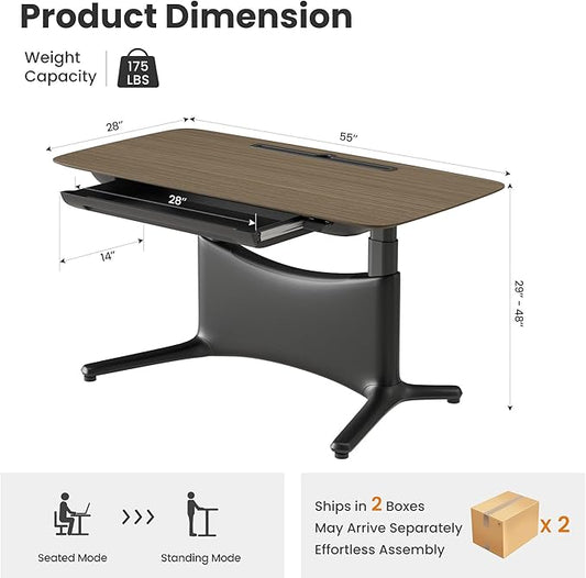 COLAMY Electric Adjustable Standing Desk – 48 x 28 Inch Sit Stand Desk with Drawer & Cable Management, Dual Motor Lift System, Ergonomic Footrest, Home Office Table (Veneer Desktop, Walnut + Black)
