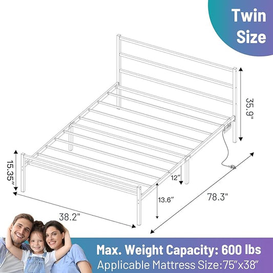 Twin Bed Frame with Headboard,Heavy Duty Steel Slats Support-LED Bed Frame with USB Charging Station,Mattress Foundation-Under Bed Storage,No Box Spring Needed,Noise Free,Black