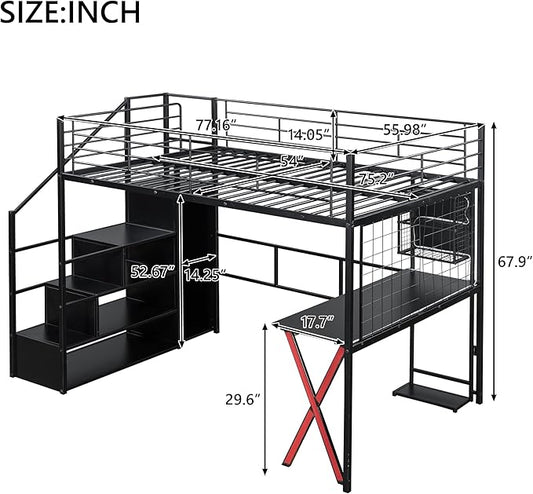 Merax Full Size Metal Loft Bed with Built-in Work Station, Wardrobe, Storage Staircase and LED, Gaming Bed for Kids Teens Adults, Full-Length Guardrails, No Box Spring Needed, Black