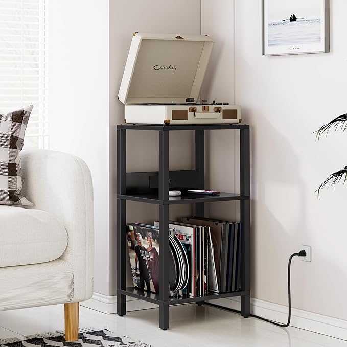 TUTOTAK Record Player Stand with Storage Up to 100 Albums,Record Storage Table,3 Tier End Table with Charging Station,Side Table for Living Room, Bedroom, Black TB01BK076