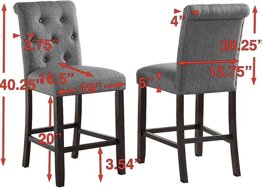 Roundhill Furniture Hendley Solid Wood Tufted Counter Height Stools, Set of 2, Gray