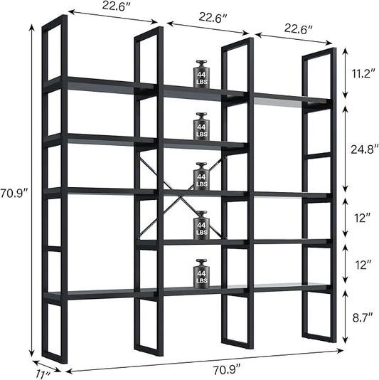 Semoic Large Bookshelf 5 Tiers, Triple Wide Geometric Bookcase, 71 Inches Tall Industrial Book Shelves Etagere Book Case, Sturdy Metal Frame, Freestanding Display Shelving Unit (Black)