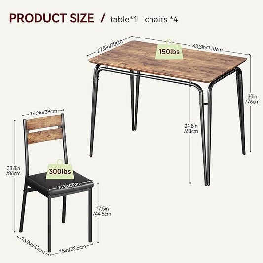 5 Piece Dining Table Set for 4, Compact Square Table Chairs, Sturdy MDF Top, Metal Frame, Space-Saving Breakfast Set for Kitchen, Apartment, Office, Easy Assembly Wipe-Clean