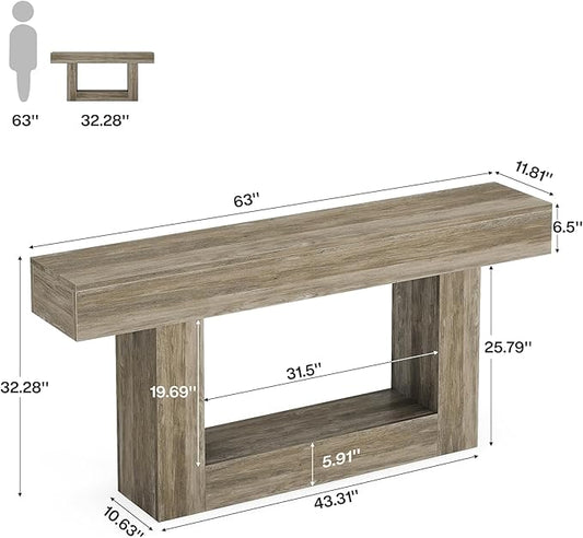 Tribesigns 63" Console Table, Farmhouse 2-Tier Entryway Table with U-Shaped Base, Narrow Long Wood Sofa Table Behind Couch Table for Living Room, Hallway, Foyer, Light Gray
