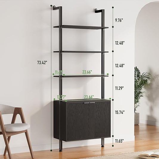 74" Tall Bookshelf with Storage Cabinet, Modern Ladder Shelf with Wood and Metal Frame, Wall Mount Bookcase Open Display Shelf Furniture for Living Room, Bedroom, Home Office,Black
