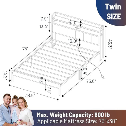 Twin Bed Frame with Headboard,Classic Metal Platform Bed Frame-LED Bed Frame with USB Charging Station,Mattress Foundatione-Under Bed Storage,No Box Spring Needed,Noise Free