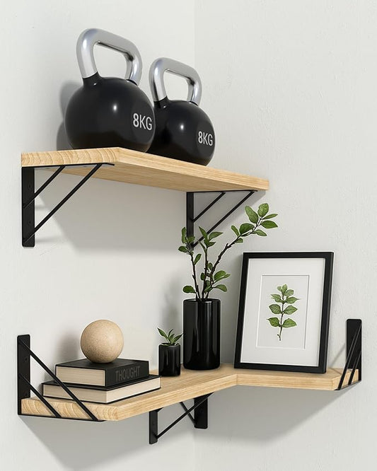 BAYKA Wall Shelves for Bedroom Decor, Floating Wall Shelves for Living Room Kitchen Storage, Wall Mounted Rustic Wood Floating Shelves for Kids Books, Corner Shelves for Bathroom(Brown,Set of 3)