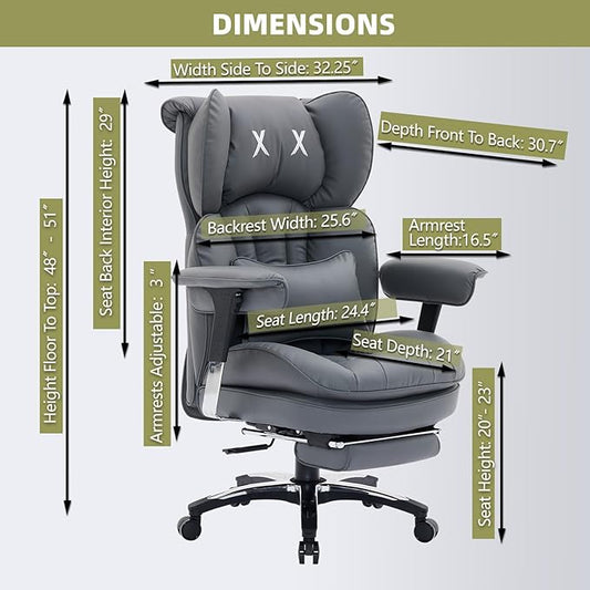 Efomao Big and Tall Office Chair with Footrest – High Back Computer Chair with Adjustable Armrests,Executive Office Chair with Wide Seat, Modern Desk Chair for Home Office, Gaming, or Study, Grey