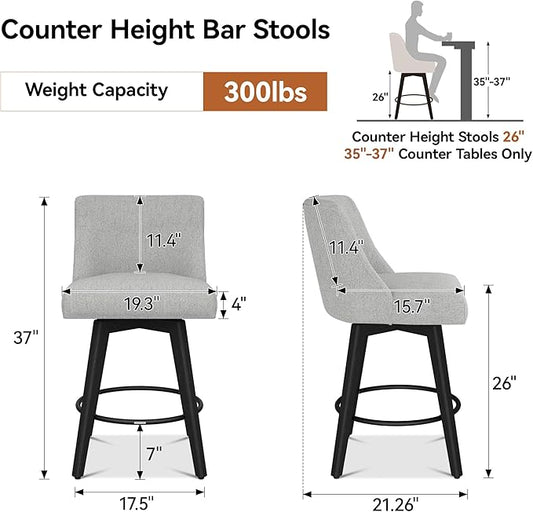 Counter Height Bar Stools Set of 4, Modern Swivel Barstools with Back and Wood Legs, Linen Fabric Upholstered Bar Chairs, 26" H Kitchen Counter Stools, Kitchen Island Home Bar, Light Grey