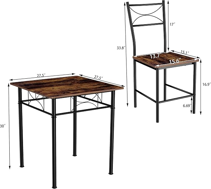 JOIN IRON 3-Piece Kitchen Dining Room Table Set for Small Spaces,Iron Wood Square Table with 2 Chairs for Kitchen Dining Room Furniture