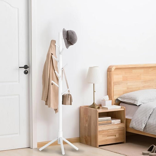 Wooden Coat Rack Stand, Freestanding Coat Rack with 8 Hooks, 3 Adjustable Size Coat Tree for Hats, Coats, Scarves bags, Coat Hanger Stand Used in Bedroom/Office/Entryway (White)