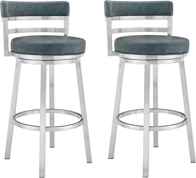 Armen Living Madrid 26" Seat Height Swivel Modern Blue Faux Leather and Brushed Stainless Steel Bar Stool for Kitchen Island Counter, Set of 2