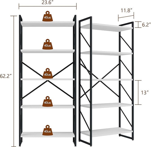 Shintenchi 5 Tiers Bookshelf, Classically Tall Bookcase Shelf,Industrial Book Rack,Modern Book Holder in Bedroom/Living Room/Office, Storage Rack Shelves for Books/Movies,11.8" Dx23.6 Wx62.2 H,White