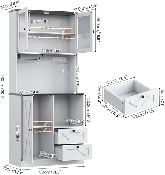 71" Tall Coffee Bar Cabinet with Storage Hutch, Farmhouse Kitchen Pantry Cabinet with LED Lights Microwave Stand and Glass Holder for Home Dining Room Kitchen,White