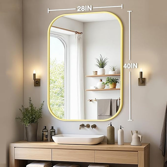Bathroom Mirrors for Over Sink, 28x40 Gold Vanity Mirror for Bathroom Sink, HD Shatterproof Squircle Wall Mirror for Bathroom Washroom Lavatory Restroom Metal Frame