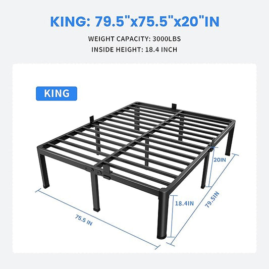 MAF 20 Inch King Size Bed Frame with Round Corner Legs Mattress Slide Stopper No Box Spring Needed Heavy Duty Metal Platform Bed Frames Under-Bed Storage Space, 3000 LBS Steel Slats Support