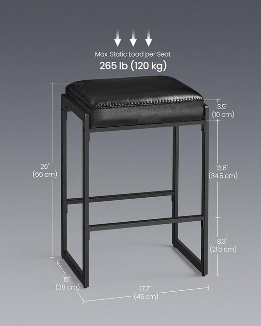 VASAGLE EKHO Collection - Bar Stools Set of 2, Counter Height Bar Stools, Synthetic Leather with Stitching, Mid-Century Modern Counter Stools, 26-Inch Tall, Kichen Home Bar Dining Room, Ink Black