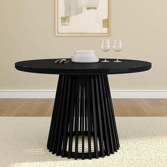Plank+Beam Lido Round Dining Table, 47", Wooden, Pedestal, Minimalist Kitchen Table for 4 for Dining Room, Black