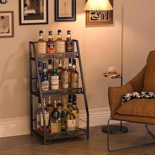 3-Tier Trapezoid Liquor Stand for Home Bar, Stepped Wine Rack Freestanding Floor for Liquor Whiskey Wine, Versatile Corner Wine Bottle Display Stand with Fences, Vintage Brown(Patent Pending)