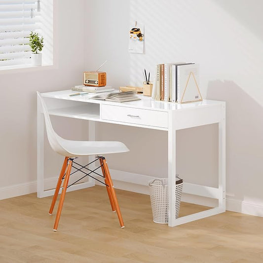 4NM 43.3" Computer Desk with Drawer, Morden White Home Office Desk, Study Writing Table with Storage for Small Spaces,Vanity Desk Makeup Table for Bedroom- White