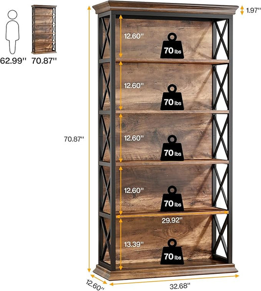 Tribesigns 6-Tier Bookcase, 71 Inches Industrial Bookshelves and Bookcases, Floor Standing 5 Shelf Display Storage Shelves Tall Bookcase for Home Office, Living Room, Bed Room, Brown and Black