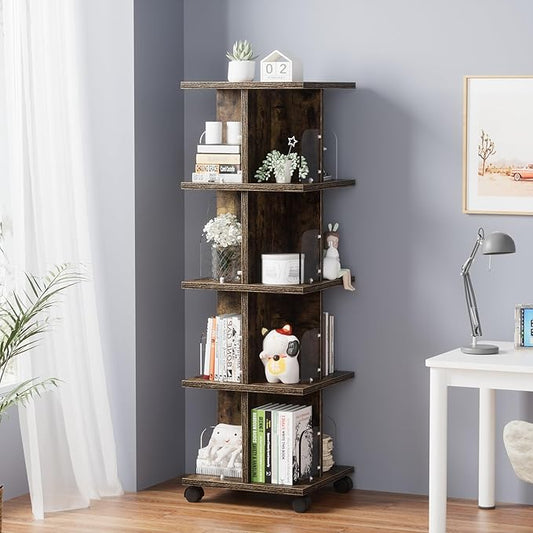 VECELO 4-Tier Rotating Bookshelf, Modern Swivel Bookcase for 360°Display,Stackable Square Book Shelves Floor-Standing Storage for Home Office, Solid Wood, Smooth Spinning, Brown