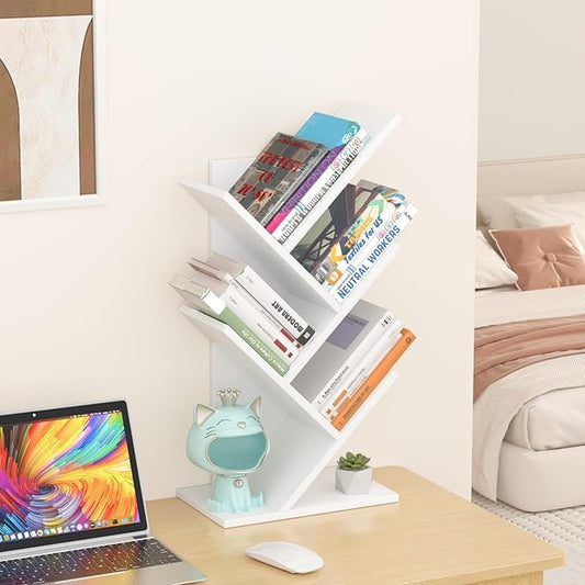 5 Tier Tree Book Shelf, Small Desktop Bookshelf with Storage Organizer, Wood Bookcase, Desk Display Bookshelves, Floor Standing Organizer Bookcases for Living Room,Bedroom,Office-White