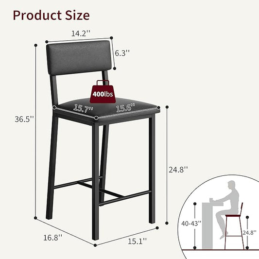 Garvee Bar Stools Set of 4, Kitchen Barstools with Thick Cushion, 25 Inch Counter Height Bar Stools with Backrest and Footrest, for Dining Room, Kitchen Island Counter Chairs, Retro Black