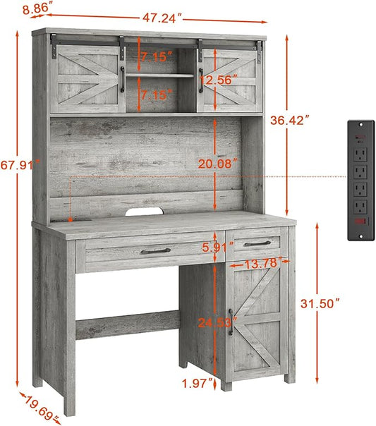 Farmhouse 47" Executive Desk, Computer Desk with Drawers and Storage Cabinet, Workstation with Hutch for Home Office