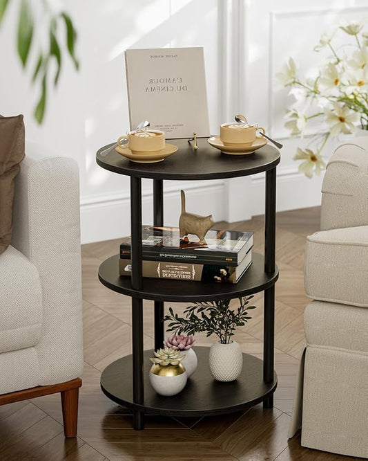 Small Round End Table - 3 Tier Design Accent Table, Narrow Side or Bedside Stand, Industrial Vintage Nightstand for Bedroom, Living Room, or Small Spaces, Set of 2, Charcoal Wenge