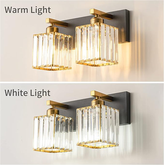 Modern Bathroom Vanity Light 2-Lights Black Gold Crystal Bathroom Wall Light Vanity Light Fixtures,12.59-inch Modern Minimalist Design