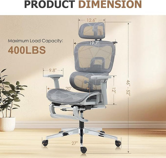 Ergonomic Mesh Office & Gaming Chair with Footrest, High Back Home Office Desk Chair, Comfortable Lumbar Support, 130° Tilt, Adjustable 3D Armrest & 2D Headrest (Grey)