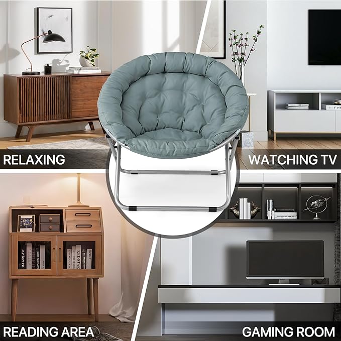 MoNiBloom Round Folding Saucer Chair for Bedroom Living Room Dorm Foldable Metal Frame Comfy Soft Lounge Lazy Cozy Moon Chair for Teens (Teal)