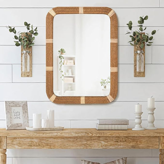 ULIKE Rectangle Rattan Wall Mirror, 22x30 Inch Rustic Farmhouse Wall Decor with Wicker Frame, Boho Mirror for Nursery Bathroom Bedroom Living Room Entryway