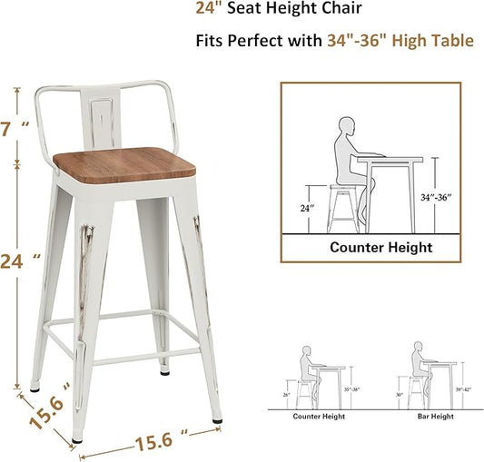WENTMENT Bar Stools Set of 4, Industrial Style, Metal Frame, Distressed White, Wooden Seat, 24" H x 12.2" W x 15.6" D, 330 lbs Max Weight, Counter Height