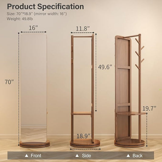 70"x16"Full Length Mirror with Stand,Coat Rack with Mirror,Solid Wood Floor Mirror,Swivel Mirrorfor Bedroom, Living Room, Cloakroom