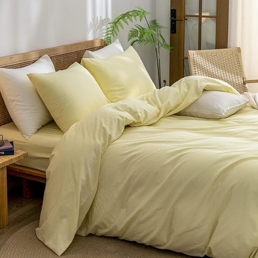 BESTOUCH Duvet Cover Set 100% Washed Cotton Linen Feel Super Soft Comfortable Chic Lightweight 3 PCs Home Bedding Set Solid Light Yellow Queen