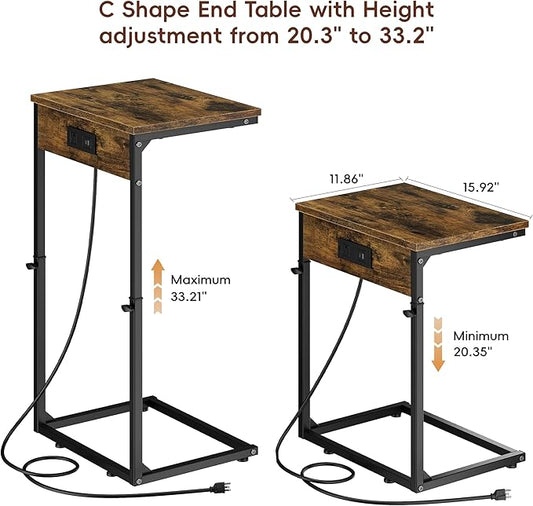 Vagusicc C Shaped End Table with Charging Station, Adjustable Height Side Table for Couch, Small Side Table, 33.2'' Tall Couch Tables That Slide Under, Tv Tray End Table for Living Room, Rustic Brown