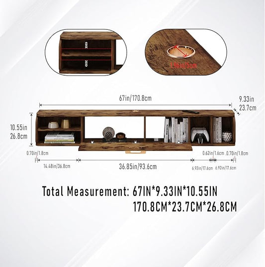 Floating TV Unit, 67'' Wall Mounted TV Cabinet, Floating Shelves with 4 Cabinets, Wooden Entertainment Media Console Center Large Storage TV Bench for Living Room & Office (Rustic Brown)