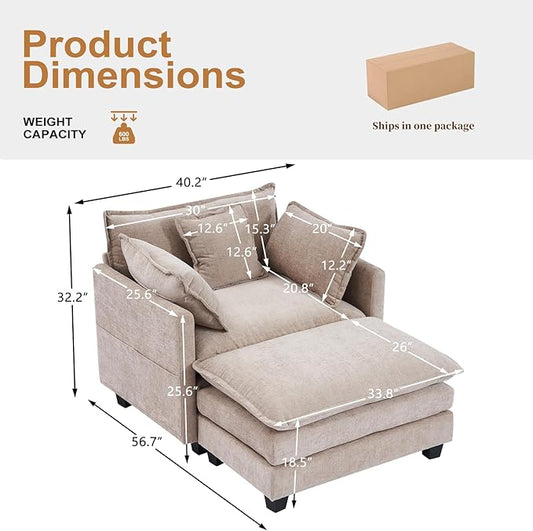 Furniliving Oversized Accent Chairs with Ottoman, Luxury Chenille Single Sofa, Upholstered Deep Seat Chaise Lounge with Pillows for Living Room, Bedroom, Apartment, Camel