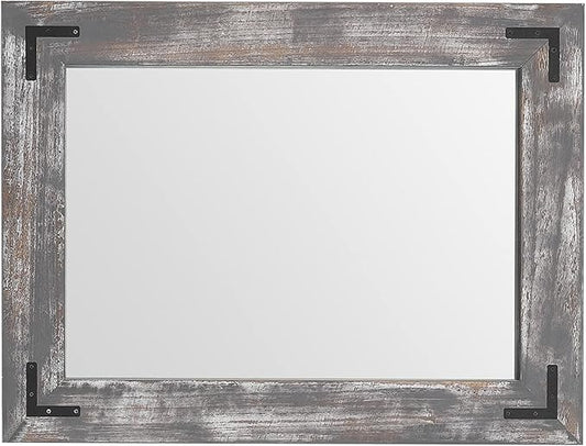 YOSHOOT Rustic Wooden Framed Wall Mirror, 30"x20", Natural Wood Bathroom Vanity Mirror for Farmhouse Decor, Vertical or Horizontal Hanging