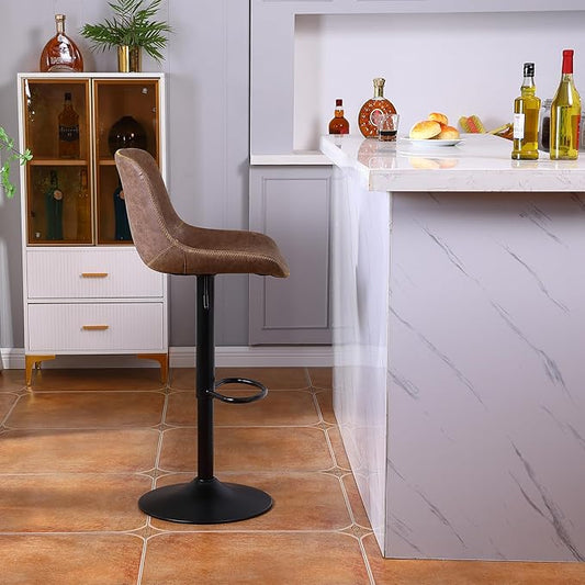 Bar Stools, Swivel Counter Height Barstools with Back, Adjustable Modern Bar Chairs, Tall Armless PU Leather Kitchen Island Stool (Brown, Set of 3)
