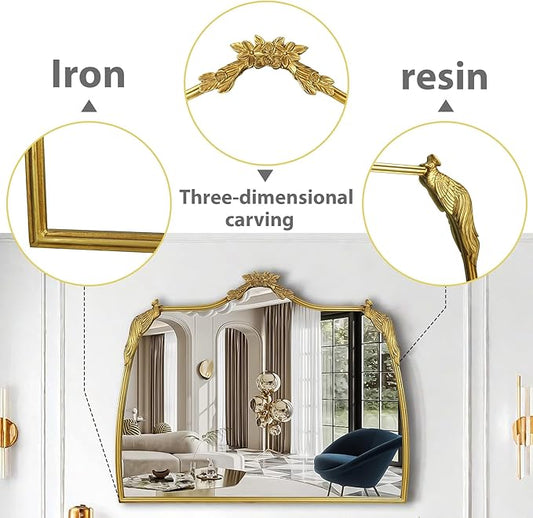 Baroque Mirror with Gold Vintage Decoration, Antique Brass Wall Mounted Mirror for Fireplace/Living Room/Hallway/Bathroom, Retro Palace Style for Decoration