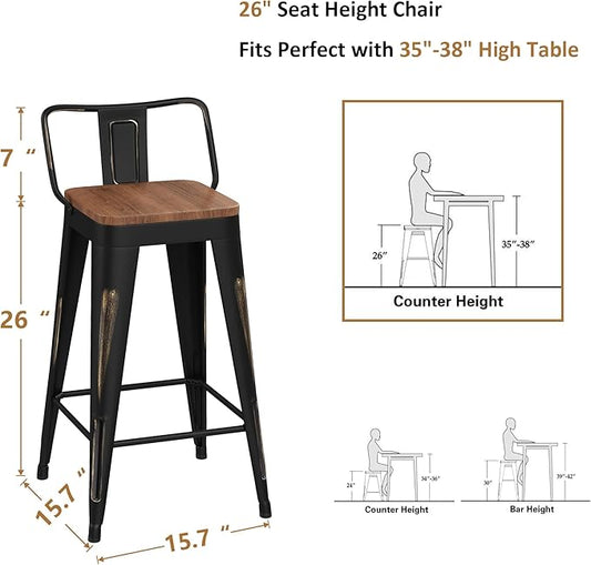 WENTMENT Bar Stools Set of 4 Counter Height Bar Stools Metal Barstools with Removable Back 26" Kitchen Bar Stools with Wooden Seat, Distressed Black