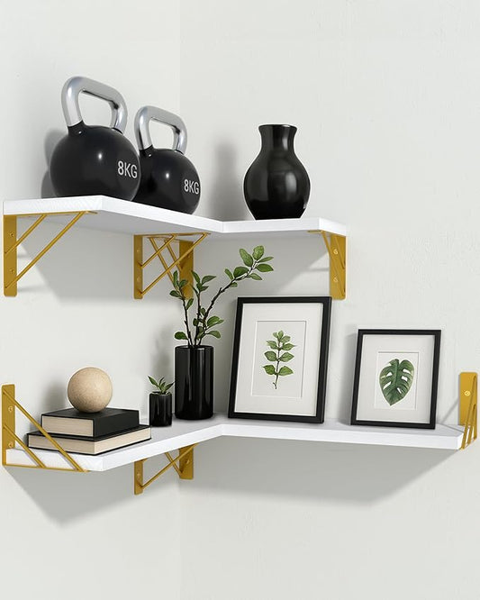 BAYKA Wall Shelves for Bedroom Decor, Floating Wall Shelves for Living Room Kitchen Storage, Wall Mounted Rustic Wood Shelves for Kids Books, Corner Shelf for Bathroom(White and Gold,Set of 4)