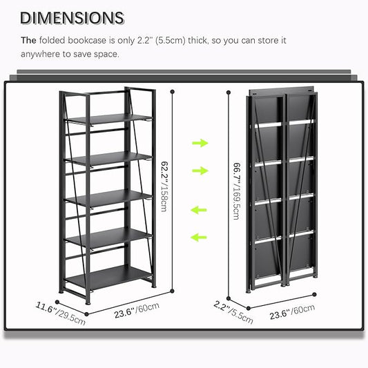 4NM No Assembly Folding Bookshelf, 5-Shelf 62.2" H Collapsible Foldable Bookcase Storage for Small Spaces, All Black