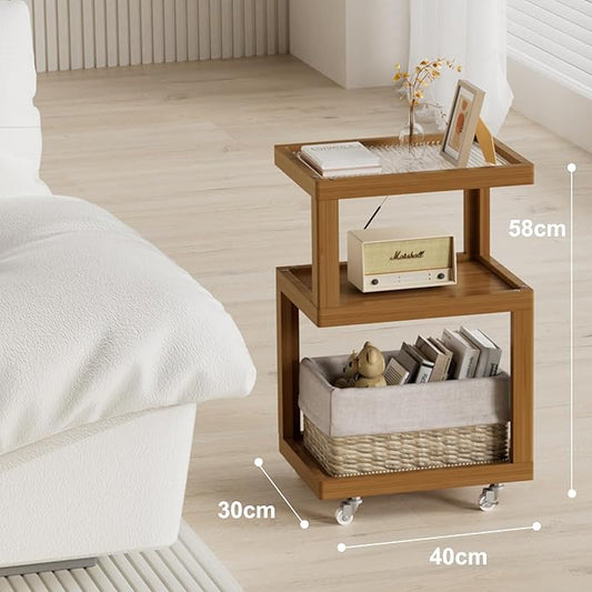 3-Tier Side Table - Walnut Geometric Design with Glass Top & Wheels, Sofa & Bedside Table for Small Spaces, Living Room & Bedroom Modern Minimalist