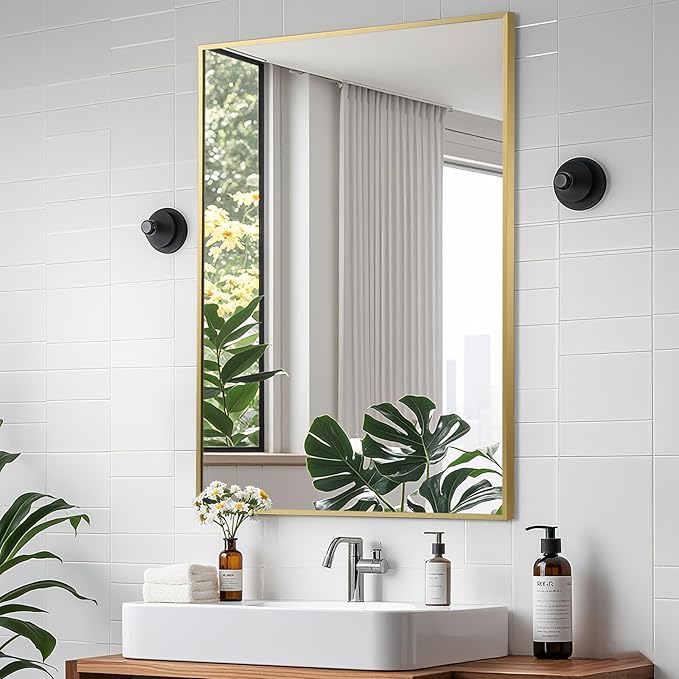 Brushed Gold Mirror, 22x30 Inch Aluminum Framed Rectangle Mirror, Anti-Rust, Tempered Glass, Square Corner Wall Mirror for Over Sink, Vanity, Bedroom, Entryway, Horizontal/Vertical